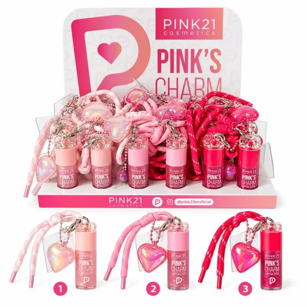 Pink 21 Pinks Charm Lipgloss com Chaveiro para Celular - CS7088 - Box 24 Un