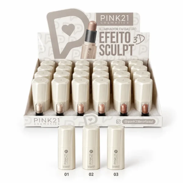 87d84fd605fe29ac5aecbce3328b872f.webp Pink 21 Iluminador em Bastão Efeito 3D Sculpt - CS6896 - Box 24 Un